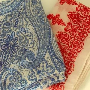 Blue and red scarves, damask